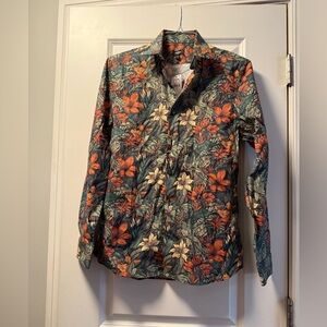Express Men's Floral Button Down Shirt - Green and Orange